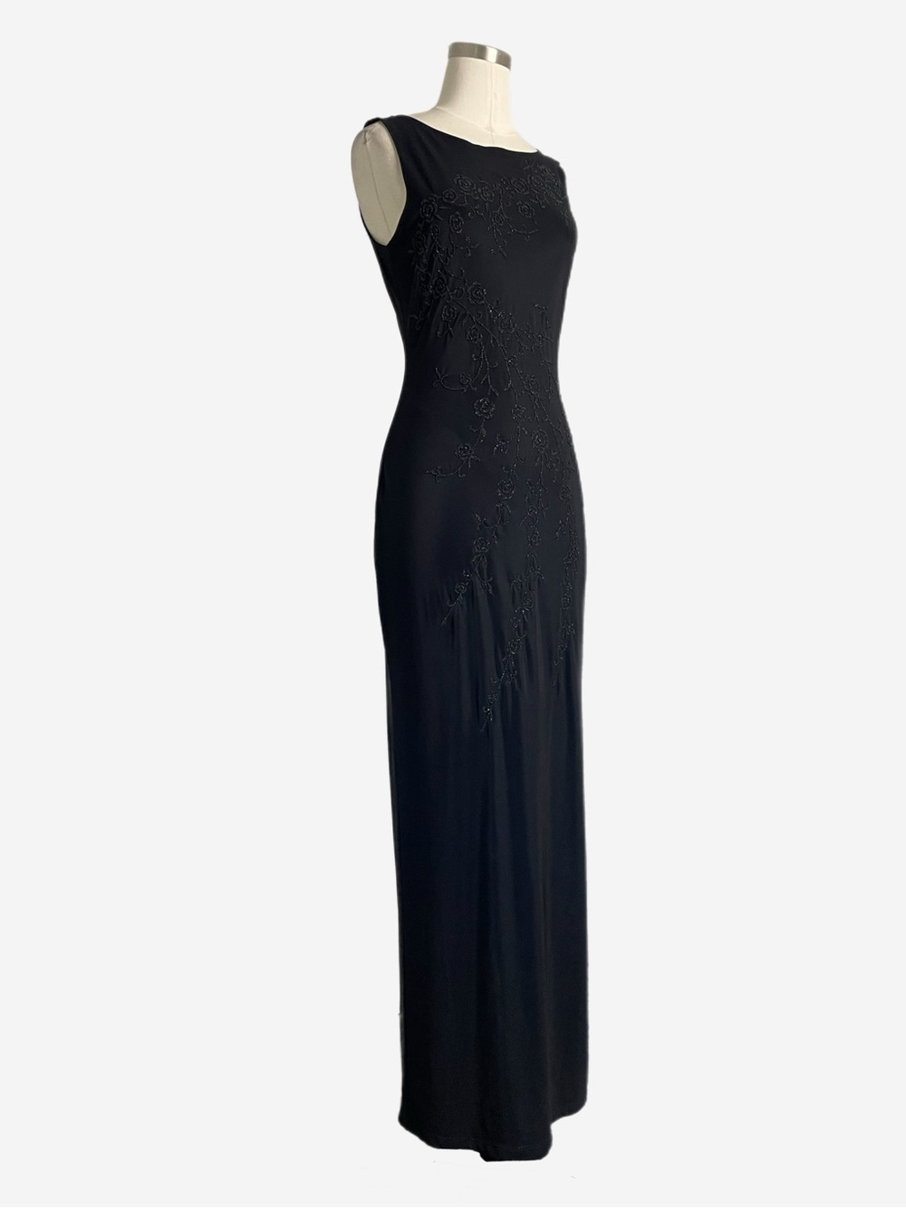 Vintage 90s Per Seption Black floral beaded maxi dress formal stretch XS/S - Picture 3 of 12